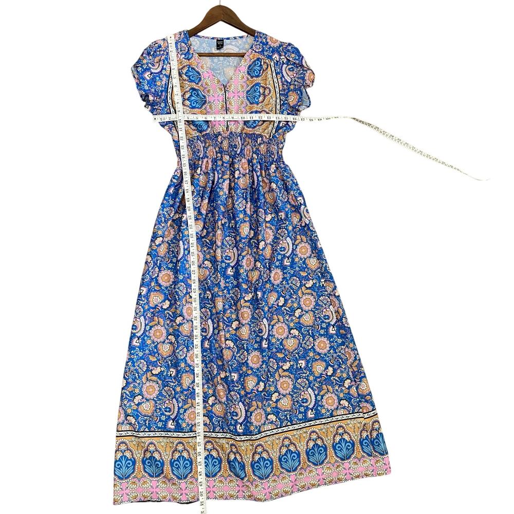 Emery Rose Floral Paisley Maxi Dress Boho Tulip Sleeve Blue Pink - Picture 7 of 11